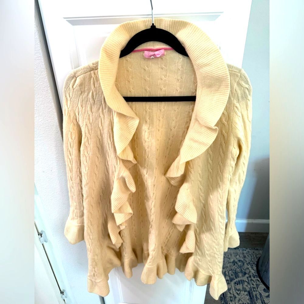 Lilly Pulitzer Women's 100%Cashmere Cardigan Sweater Long Beige Cable Knit Small